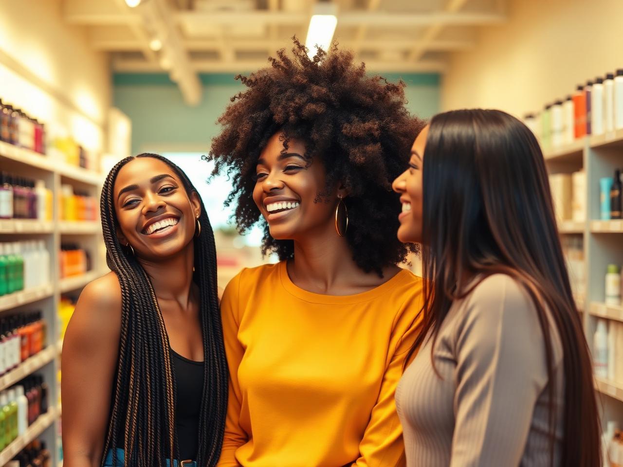Three joyful Twin Cities women with different hair textures inside Angels Beauty Supply