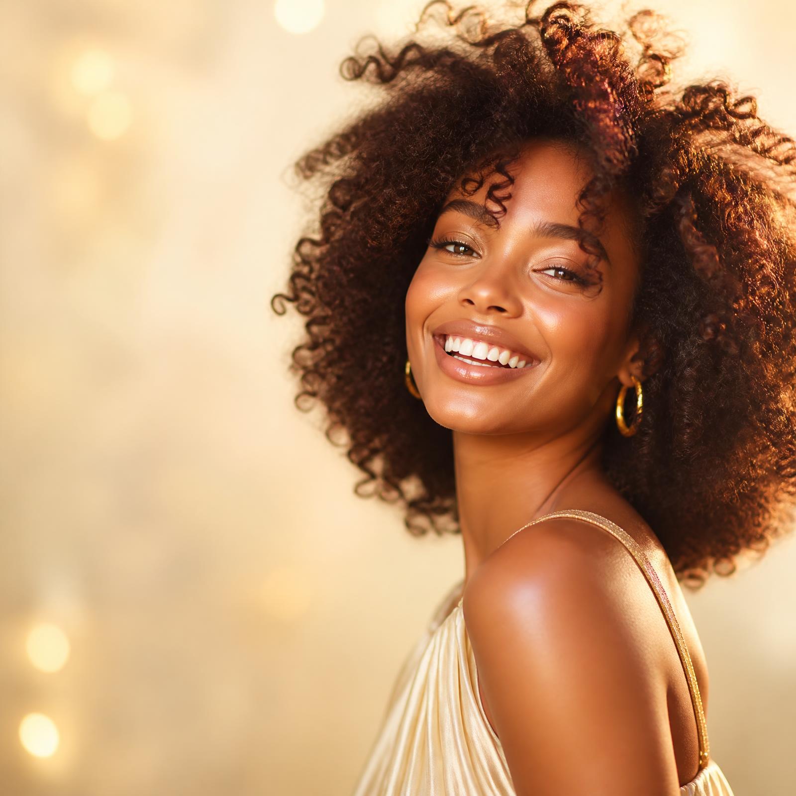 Portrait of a joyful Black woman with luminous curly hair in warm golden light
